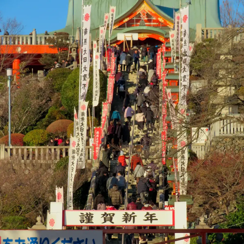 Japanese shrine gates and sunrise on New Year's morning