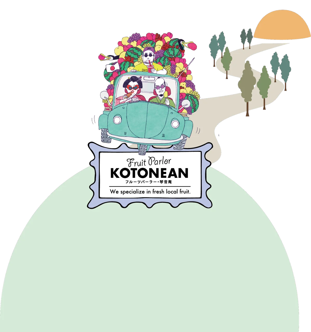 Fruit Parlor Kotonean brand illustration — a fruit-piled car pulling up to the shop sign
